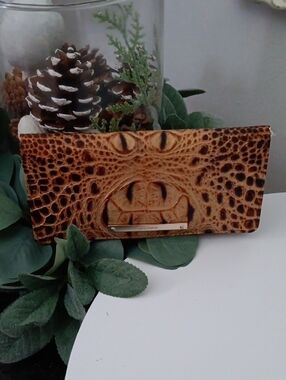 Brahmin Croc-Embossed Leather Wristlet in Brown and Green